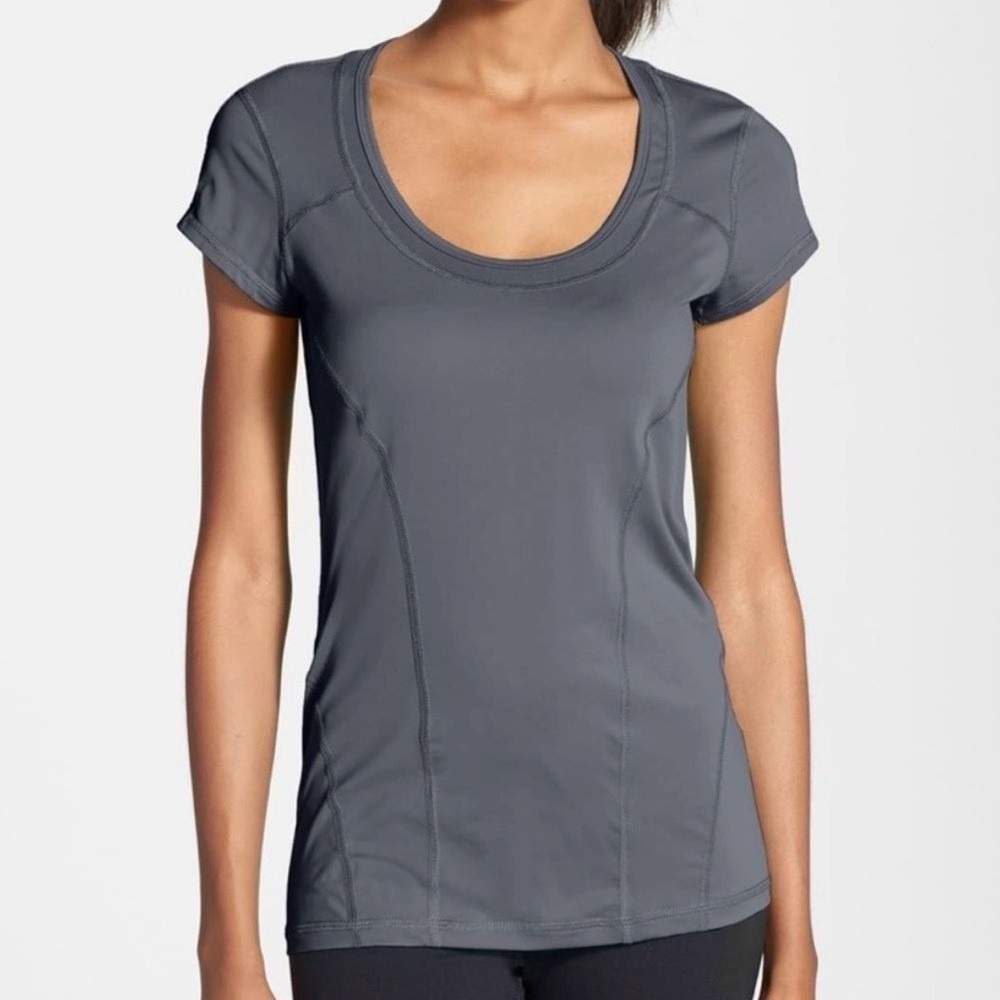 ZELLA Dark Grey Sunny Run Short Cap Sleeve Scoop Neck Mesh Top Shirt Size Medium